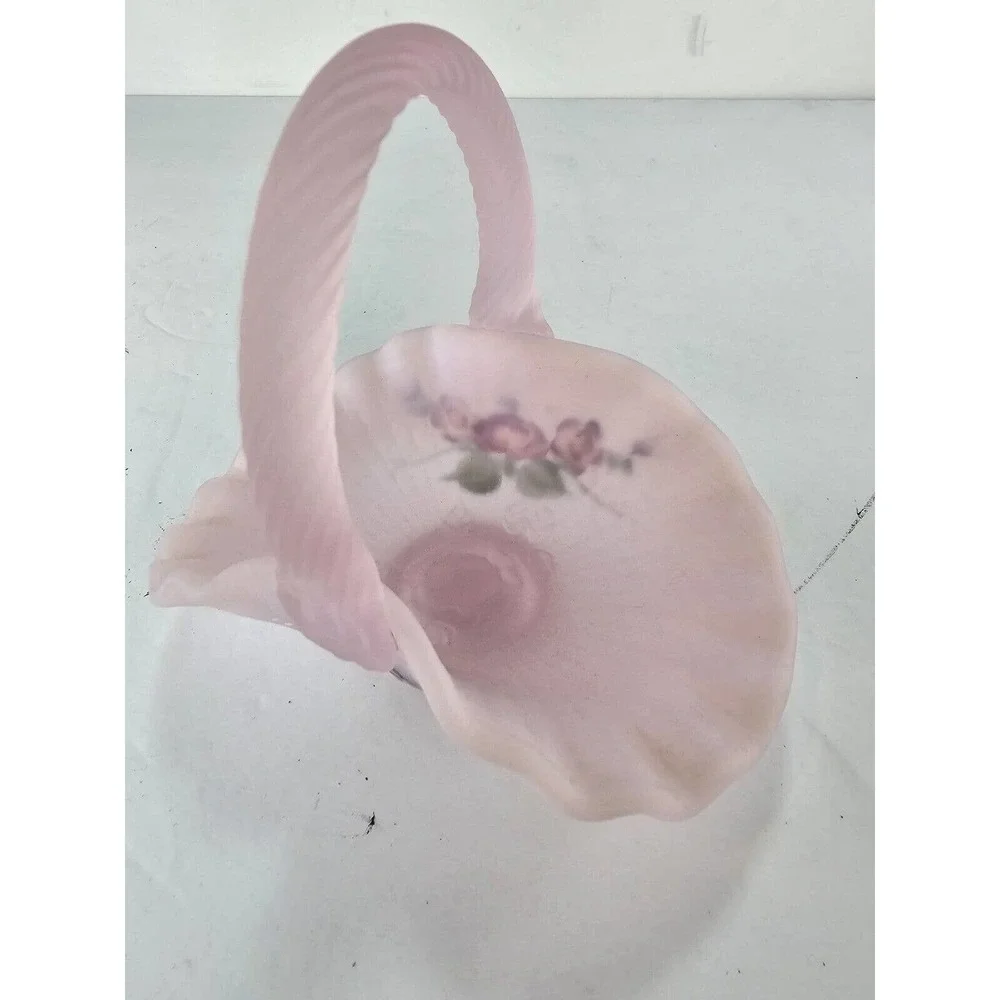 2001 Fenton Hand Painted Pink Chiffon Opalescent Satin Mini Basket S. Miller